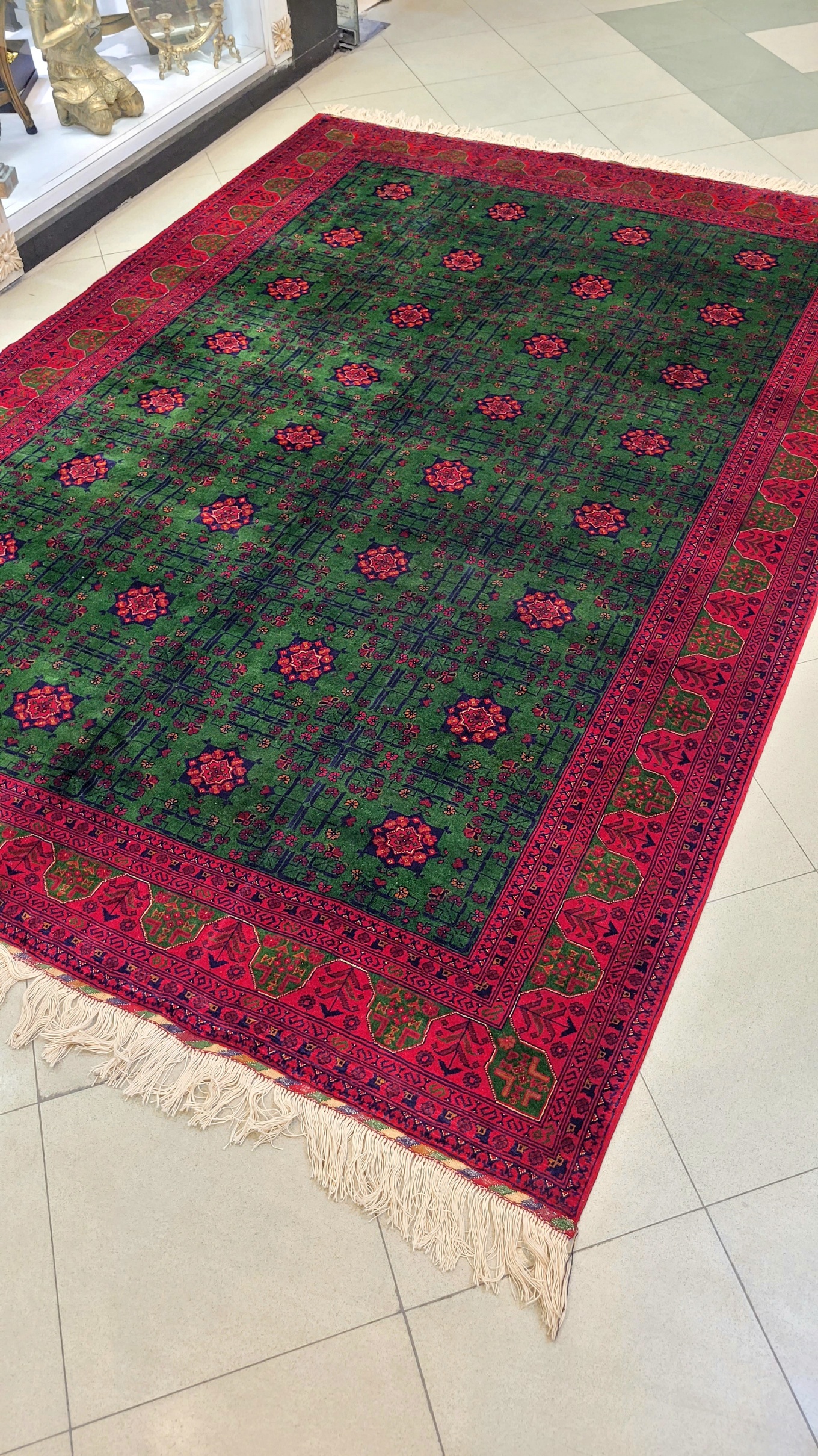 فرش بخارایی دستباف مرینوس 200×300 درجه یک رنگ سبز و قرمز