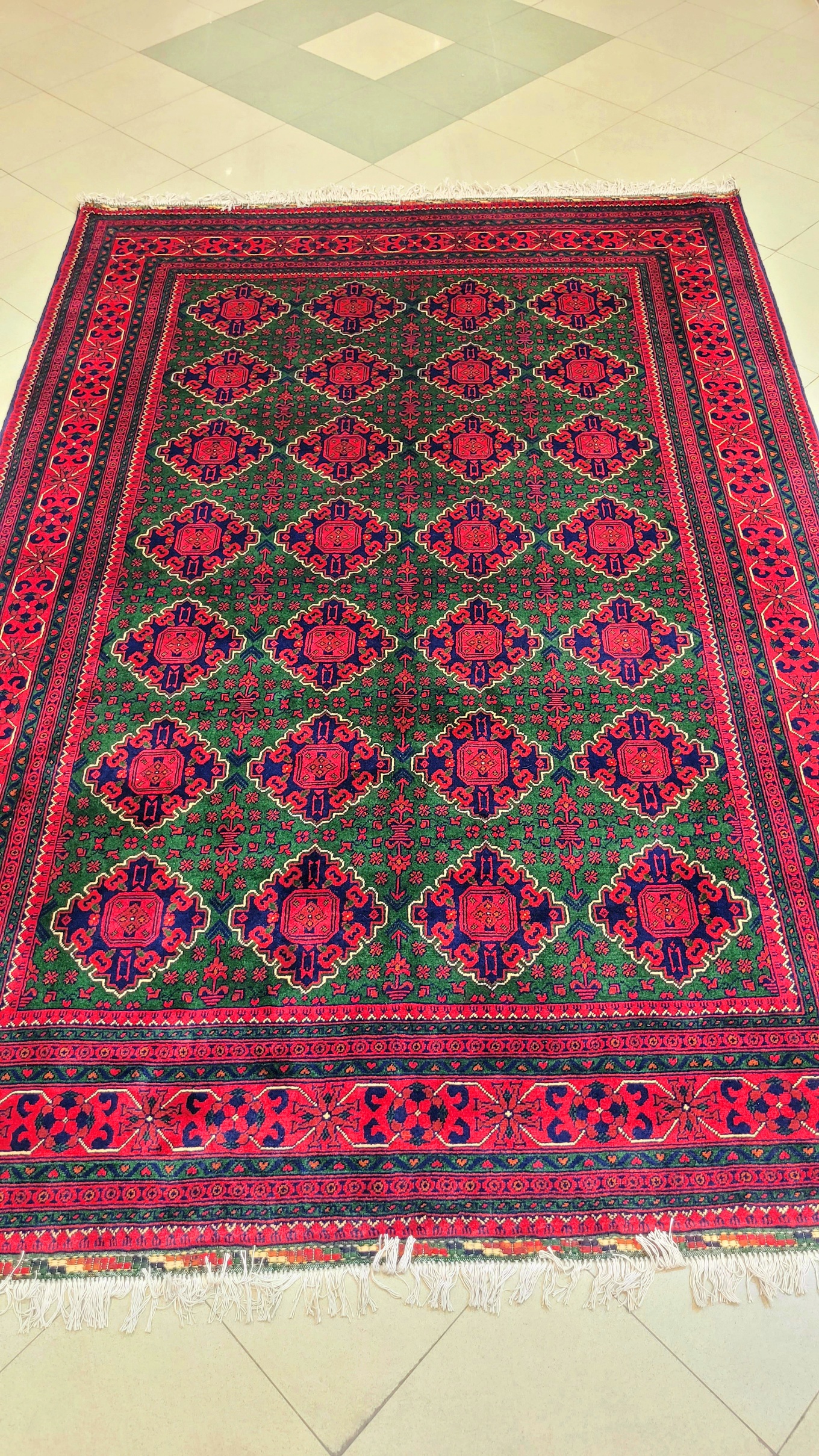 فرش دستبافت کرک مرینوس نقشه قابی 200×300 — رنگ گیاهی سبز و قرمز